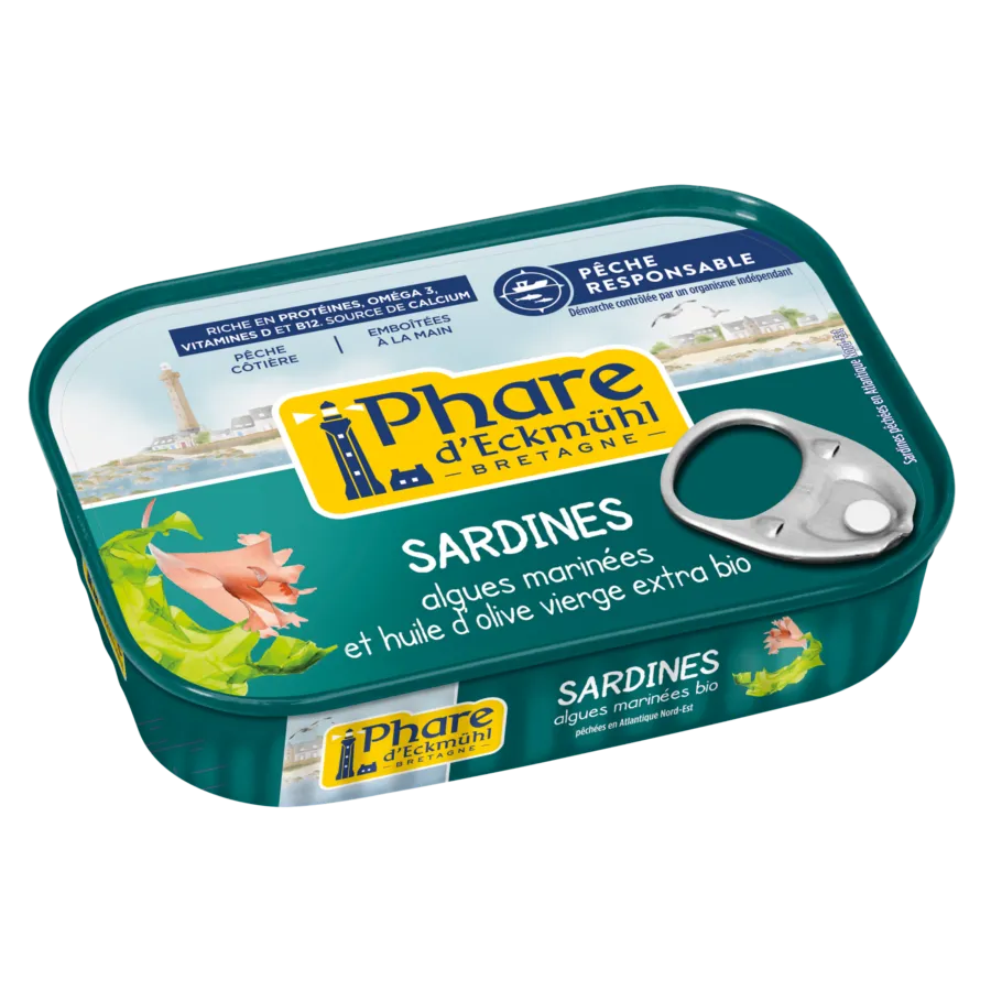 SARDINES DE BRETAGNE AU ALGUES MARINEES ET HUILE D'OLIVE VIERGE EXTRA BIO 135G